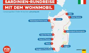 Karte einer Sardinien-Rundreise mit dem Wohnmobil, die wichtige Orte wie Olbia, Sassari und Cagliari markiert.