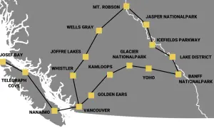 Karte von British Columbia mit Reiseroute: San Josef Bay, Whistler, Vancouver, Banff Nationalpark – ideal für einen Urlaub in Kanada.