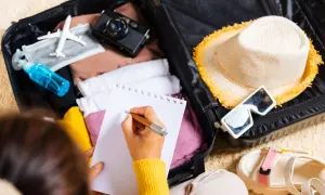 Packliste Portugal: Koffer packen mit Kleidung, Hut, Sonnenbrille, Kamera und Notizbuch.