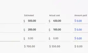 Kuchenkostenübersicht: Torten- und Anschnittgebühr 450 $, Puffs 100 $. Ein teurer Urlaub kann sich auch bei den Kosten für die Feierlichkeiten bemerkbar machen.