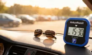 Sonnenbrille und elektronische Parkscheibe mit 15:30 Uhr auf dem Armaturenbrett. Mögliche Nachteile: Batteriewechsel, technische Defekte.