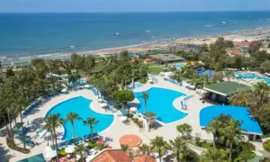 Blauer Poolbereich mit Palmen und Liegen, daneben ein langer Sandstrand mit vielen Sonnenschirmen und dem Meer. Ein Paradies am Strand.