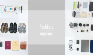 Packliste für die Weltreise: Schuhe, Kamera, Technik, Dokumente und Reiseutensilien.