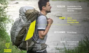 Mann mit großem Rucksack am Fluss. Tipps, wie man den Rucksack platzsparend packen kann, mit Kategorien wie "Schwer" (Zelt, Proviant) und "Leicht" (Schlafsack).
