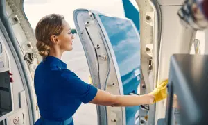 Eine Stewardess in blauer Uniform und gelben Handschuhen reinigt den Eingangsbereich eines Flugzeugs. Ihr Job erfordert Sorgfalt und Sauberkeit.