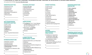 Packliste Wanderurlaub: Wanderschuhe, Wanderhose, Wandershirt, Wandersocken, Wanderjacke, Trinkflasche, Wanderrucksack, Regenschutz, Wanderkarte, Hüttenschlafsack.