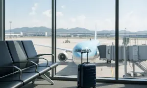 Wartebereich am japan flughafen mit einem blauen Koffer und Flugzeug vor dem Fenster.