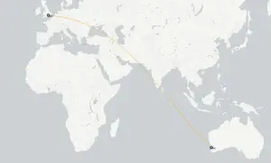 Flugroute von London nach Perth, Australien. Ein langer Direktflug über Kontinente und Ozeane.