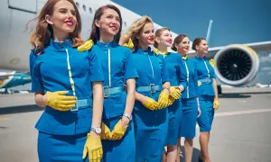Fünf Flugbegleiterinnen in blauen Uniformen und gelben Handschuhen stehen vor einem Flugzeug. Sie sind bereit, ihre Passagiere zu begrüßen, denn das ist, was man als Flugbegleiterin macht.