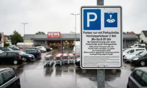 Schild: Parken nur mit Parkscheibe, Höchstparkdauer 2 Std. Mo-Sa 8-20 Uhr. Autos parken auf nassem Parkplatz vor Rewe.