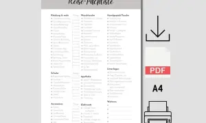 Eine au pair packliste mit Kategorien wie Kleidung, Schuhe, Waschtasche, Handgepäck, Apotheke und Elektronik.
