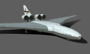 Ein futuristisches U.S. Air Force Flugzeug mit vier Triebwerken. Die Frage "wie lang ist ein flugzeug" wird hier durch die imposante Größe des Modells beantwortet.
