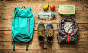 Rucksack, Schuhe, Jacke, Wasserflasche, Obst, Lunchbox und Pflaster – alles für die Packliste Klassenfahrt Lehrer.