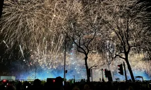 Silvester in London: Ein Meer aus goldenem Feuerwerk erhellt den Nachthimmel über einer jubelnden Menge, Bäume ragen silhouettenhaft empor.