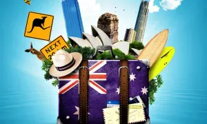 Koffer mit australischer Flagge, Sydney Opera House, Surfbrett, Känguru-Schild und mehr. Perfekt für deine Packliste Australien!