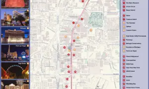 Karte von Las Vegas mit Sehenswürdigkeiten wie dem Sphere, Bellagio und dem High Roller. Die berühmte Las Vegas Strip ist markiert.