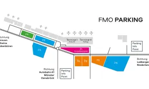 Plan für FMO PARKING: Parkplätze P1-P6, Kurzzeitparkplatz, Info Points. Ideal für fmo parken ohne reservierung.