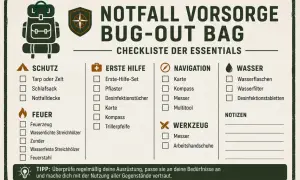 Checkliste für einen Bug-Out Bag: Schutz, Erste Hilfe, Navigation, Wasser, Feuer, Werkzeug. Perfekt für deine Packliste Camping!