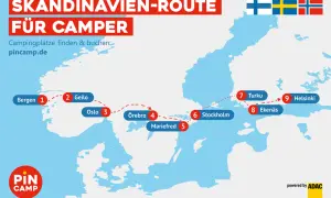 Karte zeigt eine SKANDINAVIEN-ROUTE für Camper, mit Stationen von Bergen über Stockholm bis Helsinki.