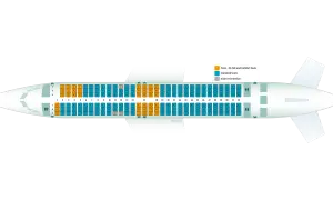 Sitzplan für tuifly: orange Sitze sind XL/Komfort, blau sind Standard. Kostenlose Sitzplatzreservierung ist hier möglich.