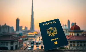 Deutscher Reisepass vor der Skyline Dubais bei Sonnenuntergang. Perfekt für einen Dubai Zwischenstopp Visum.
