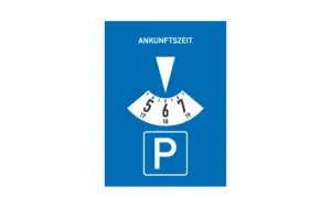 Blaue Parkscheibe mit weißem "P". Die Ankunftszeit kann eingestellt werden, z.B. auf eine halbe Stunde.