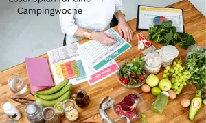 Essensplan für eine Campingwoche mit frischen Lebensmitteln und einer Liste zur Planung.