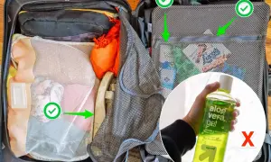 Packliste Kreuzfahrt: Koffer mit Kleidung und Kosmetik. Aloe Vera Gel ist nicht erlaubt.