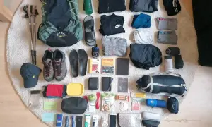 Jakobsweg Packliste: Rucksack, Wanderschuhe, Kleidung, Trinkflasche, Wanderstöcke, Hygieneartikel und Verpflegung für eine Pilgerreise.
