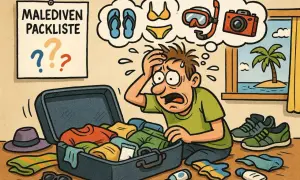 Verzweifelter Mann packt für die Malediven. Seine Packliste ist voller Fragezeichen. Badehose, Flip-Flops und Schnorchelset sind im Traum zu sehen.