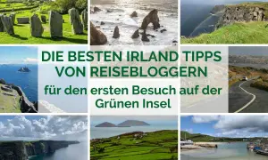 Collage mit Irland-Impressionen: Steinkreise, Küsten, Regenbogen, grüne Hügel. Perfekt für deinen ersten Irland Urlaub!