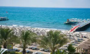 Sonne, Strand und Meer am quattro beach spa & resort. Liegestühle unter Strohschirmen, Palmen und ein langer Steg mit rotem Teppich laden zum Entspannen ein.