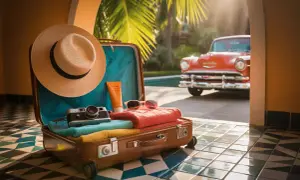 Packliste Kuba: Koffer mit Hut, Kamera, Sonnencreme, Sonnenbrille und Kleidung. Ein Oldtimer steht bereit.