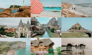 Ein bunter Collage-Überblick über einen Urlaub in Frankreich: Küsten, charmante Dörfer, Mont Saint-Michel und malerische Landschaften.