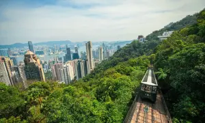 Blick auf die Skyline von Hongkong mit der Peak Tram, die durch üppigen Dschungel fährt. Perfekt für einen Hongkong Urlaub!