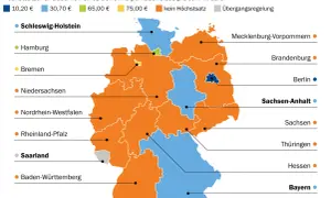 Karte zeigt, was kostet falschparken auf Anwohnerparkplatz: Gebühren für Bewohnerparkausweise in Euro, je nach Bundesland.
