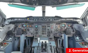 Das Cockpit eines Flugzeugs der 2. Generation, gefüllt mit zahlreichen Anzeigen und Hebeln, die für die Steuerung unerlässlich sind.