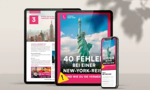 Digitale Geräte zeigen Tipps für einen USA Urlaub in New York. Die Freiheitsstatue und das Empire State Building sind zu sehen.