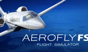 Ein weißer Jet fliegt über den Wolken. Der Schriftzug "AEROFLYFS FLIGHT SIMULATOR" deutet auf spannende **Spiele im Flugzeug** hin.