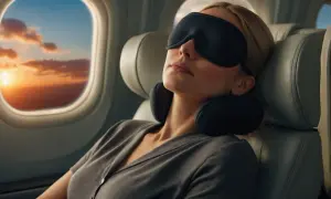 Frau schläft im Flugzeug mit Schlafmaske und Nackenkissen. Die Sonne geht unter und malt den Himmel in warmen Farben. Perfekt für die reise checkliste: Entspannung!
