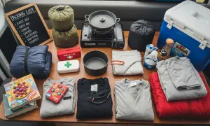 Checkliste Camping Wohnwagen: Schlafsäcke, Kocher, Kühltruhe, Kleidung, Erste-Hilfe-Kasten und Spiele für das Abenteuer.