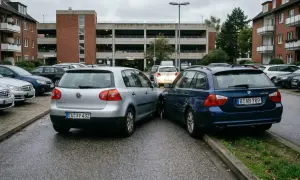 Zwei Autos stoßen auf einem Parkplatz zusammen. Ein blauer BMW hat Kratzer, der silberne VW steht daneben. Parkplatz Unfall immer Teilschuld.