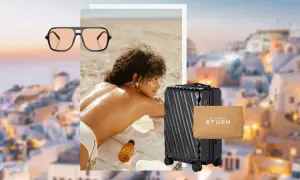 Sonnenbrille, Koffer und Sonnenöl – ideal, wenn du fragst, was zieht man in Griechenland an. Perfekt für den Strandurlaub!