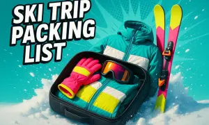 Bunte Skikleidung, Handschuhe und Skibrille in einem Koffer. Perfekt für deine Winterurlaub Packliste!