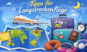 Flugzeug, Koffer, Karte & Reiseutensilien für einen langen Flug ohne Zwischenlandung. Tipps für Langstreckenflüge.