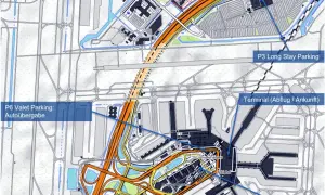 Karte von Schiphol Airport mit Parkplätzen und Terminal. Hier können Sie jemanden am Terminal (Abflug/Ankunft) abholen.