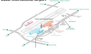Plan des Dubai Flughafens mit Terminals T1, T2, T3, Metro Red Line und Zufahrten.