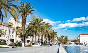 Palmen säumen die Uferpromenade in Split, Kroatien. Menschen spazieren und entspannen sich unter blauem Himmel.