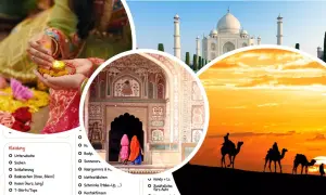 Indien Packliste: Taj Mahal, Kamelkarawane bei Sonnenuntergang, farbenfrohe Architektur & Lichter. Alles für deine Reise.