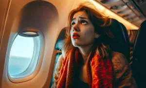 Verzweifelte Frau im Flugzeug, die nach oben blickt. Ihre panische Angst spiegelt die Erfahrungen einer Panikattacke im Flugzeug wider.